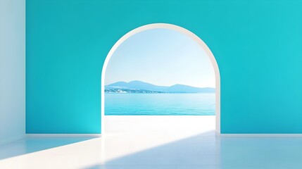 3D render of a minimal interior design of an empty living room with a blue wall, white floor, and an arched entrance leading to a sea view terrace. It's a bright, sunny day. Close-up view. 
