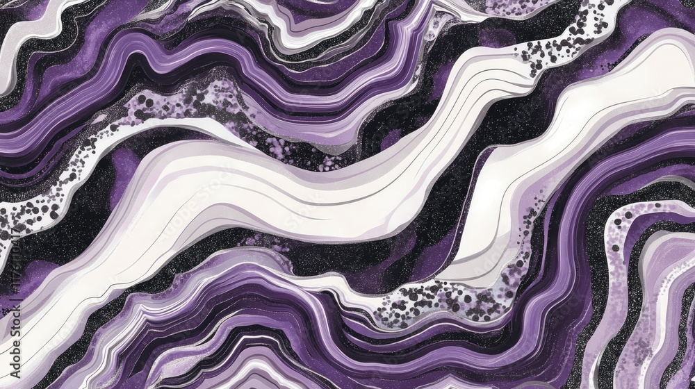 Poster Elegant purple and black geode abstract pattern with flowing lines on a white backdrop, perfect for sophisticated and artistic designs.
