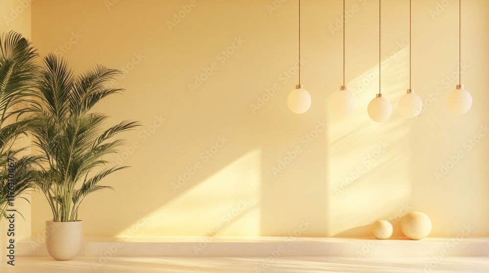 Poster elegant row of warm light bulbs against a light yellow backdrop, showcasing minimalism and warmth in