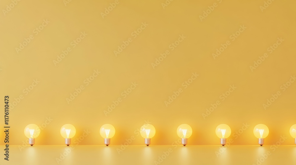 Poster elegant row of warm light bulbs against a light yellow backdrop, showcasing minimalism and warmth in