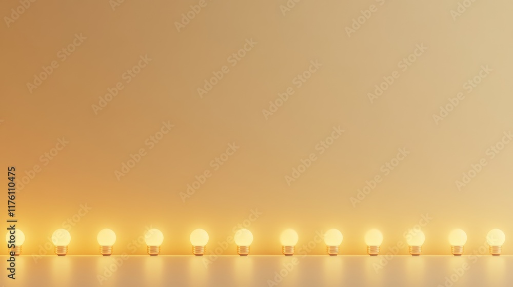 Poster elegant row of warm light bulbs against a light yellow backdrop, showcasing minimalism and warmth in