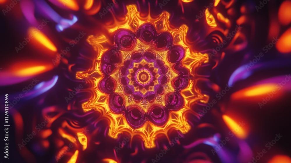 Poster vibrant abstract digital art depicting a mesmerizing kaleidoscope pattern with fiery colors and intr