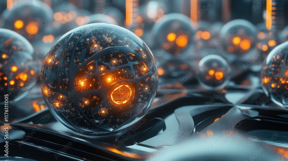 Poster Futuristic view of a nanotechnology network with spherical molecular structures, interconnected in a sleek, high-tech design.