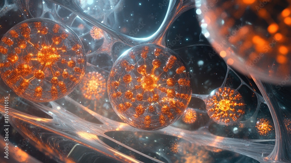 Aufkleber Futuristic view of a nanotechnology network with spherical molecular structures, interconnected in a sleek, high-tech design.