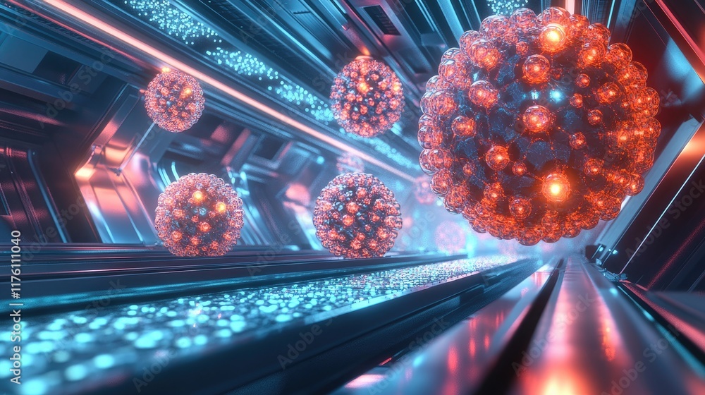 Poster futuristic view of a nanotechnology network with spherical molecular structures, interconnected in a