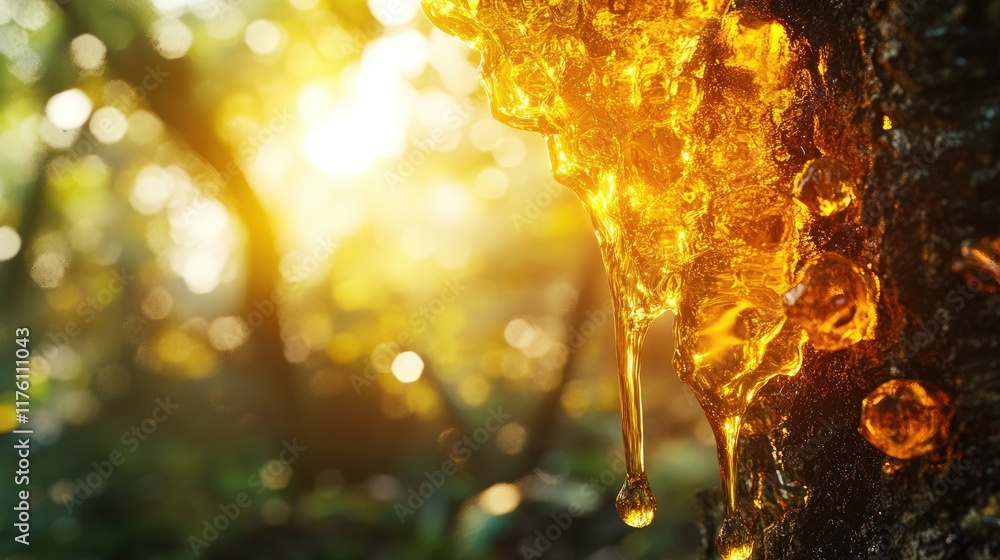 Poster golden tree sap dripping in a forest bathed in sunlight, creating a warm and glowing effect, highlig