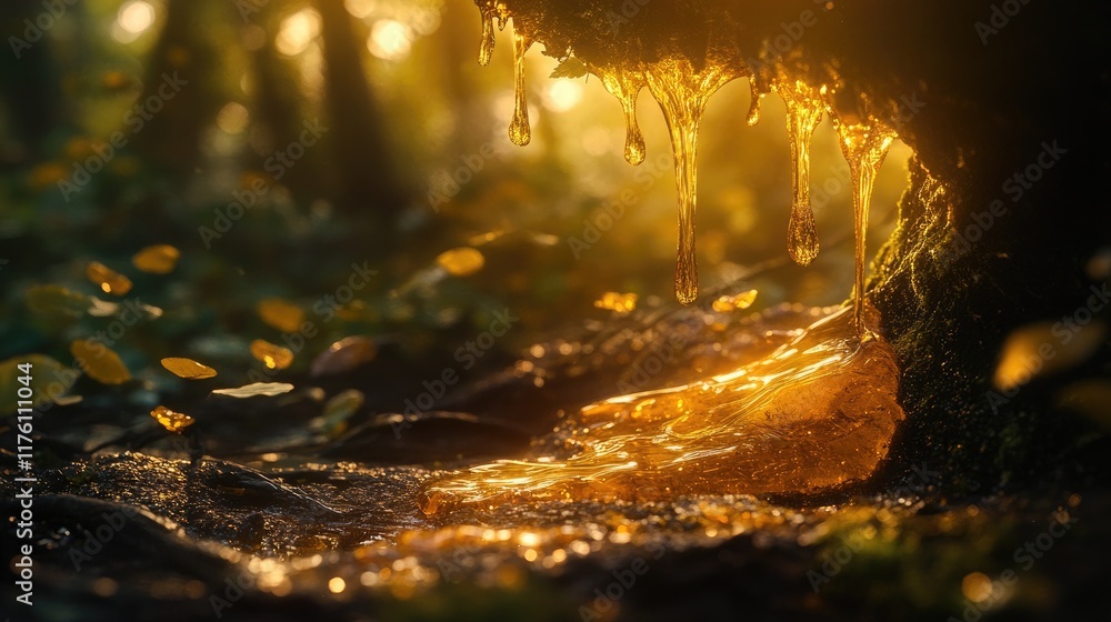 Poster golden tree sap dripping in a forest bathed in sunlight, creating a warm and glowing effect, highlig