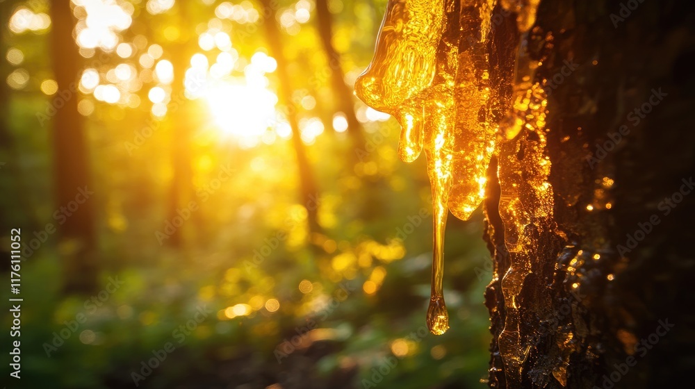 Poster Golden tree sap dripping in a forest bathed in sunlight, creating a warm and glowing effect, highlighting the natural beauty of the amber treasure.
