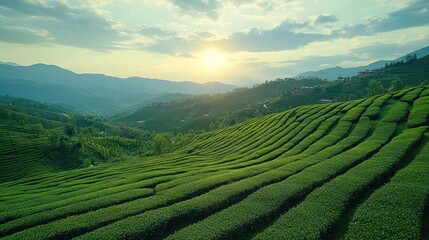Fototapeta premium Lush green tea fields under a serene sunset, showcasing nature's beauty and agricultural landscapes.
