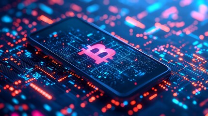 Obraz premium Bitcoin Smartphone Circuit Board. Digital Cryptocurrency
