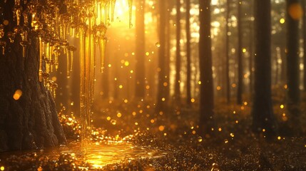 Naklejka premium Golden tree sap dripping in a forest, illuminated by sunlight, revealing nature's amber treasure and creating a serene, glowing atmosphere.