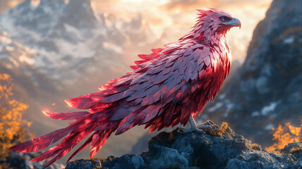 Fototapeta premium Majestic red phoenix perched on mountain peak at sunrise, Mythical birth with glass feathers in dramatic landscape