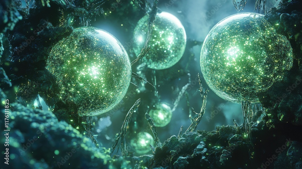 Poster molecular-scale spherical structures forming a futuristic nanotechnology network, glowing with high-