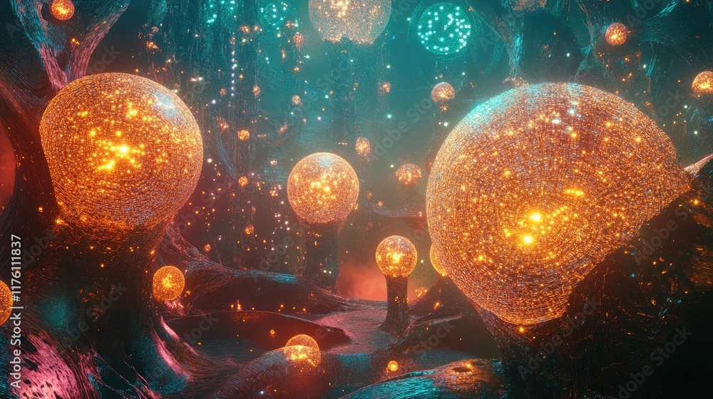 Aufkleber Molecular-scale spherical structures forming a futuristic nanotechnology network, glowing with high-tech precision and intricate details