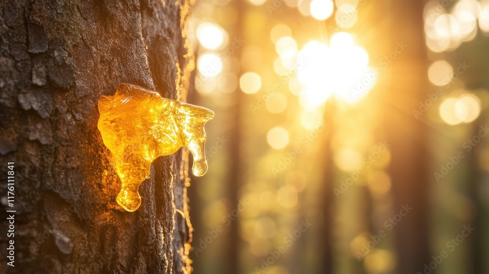 Poster Nature amber treasure: golden sap dripping from a tree in a sunlit forest, with soft sunlight filtering through the trees, creating an enchanting scene.