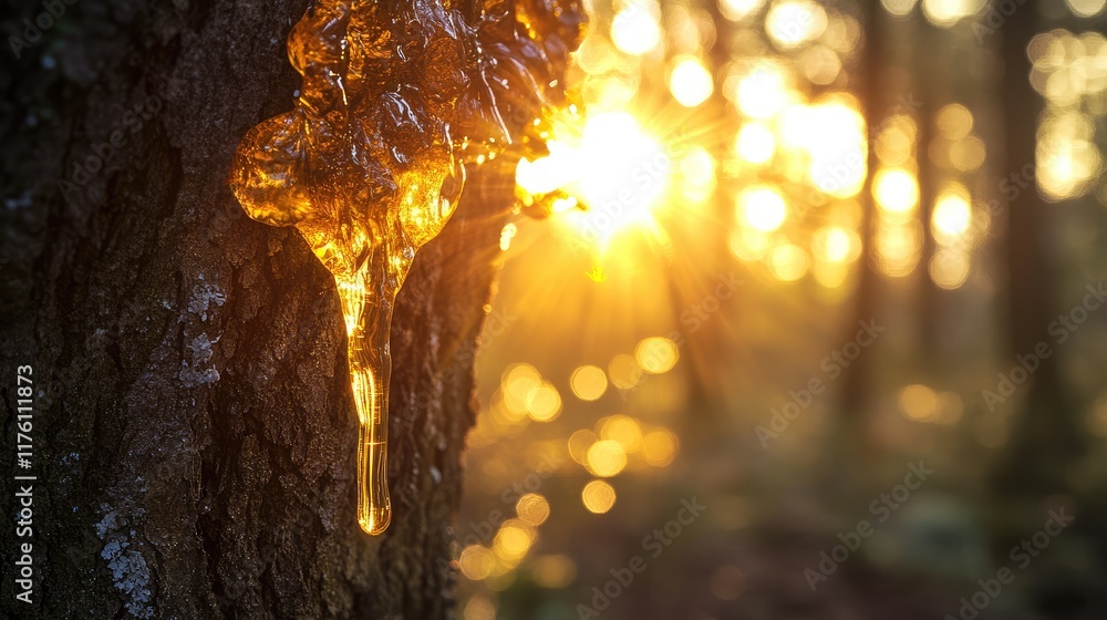 Poster Nature amber treasure: golden sap dripping from a tree in a sunlit forest, with soft sunlight filtering through the trees, creating an enchanting scene.