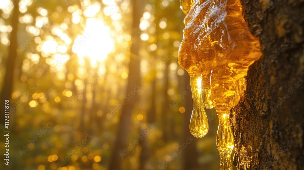 Poster Nature amber treasure: golden sap dripping from a tree in a sunlit forest, with soft sunlight filtering through the trees, creating an enchanting scene.