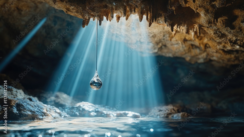 Poster realistic close-up of a water droplet suspended from the cave ceiling, sparkling in the filtered nat