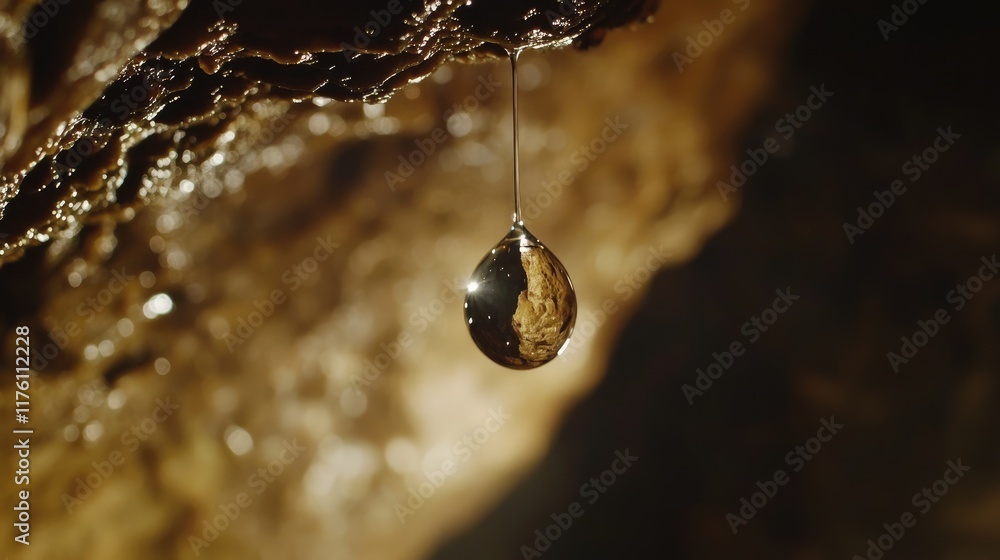 Poster realistic close-up of a water droplet suspended from the cave ceiling, sparkling in the filtered nat