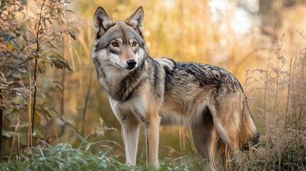 Naklejka premium A wolf standing in tall grass