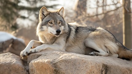 Obraz premium A wolf is laying on a rock in the woods