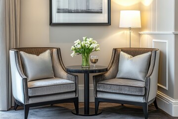 Fototapeta premium Elegant Sitting Area with Comfortable Armchairs, Decorative Pillows, Stylish Side Table, Fresh Flowers, Modern Lamp, and Tasteful Artwork in Soft Color Palette