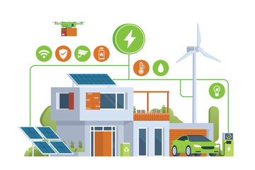 Modern Smart Home with Renewable Energy. Solar Panels, Wind Turbines, and Electric Vehicle. Green Concept. Editable Vector Illustration