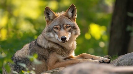Obraz premium A brown and white wolf is laying on a rock in a forest