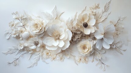 Soft white and cream flowers arranged elegantly on a light background, exuding a sense of calm and sophisticated beauty.
