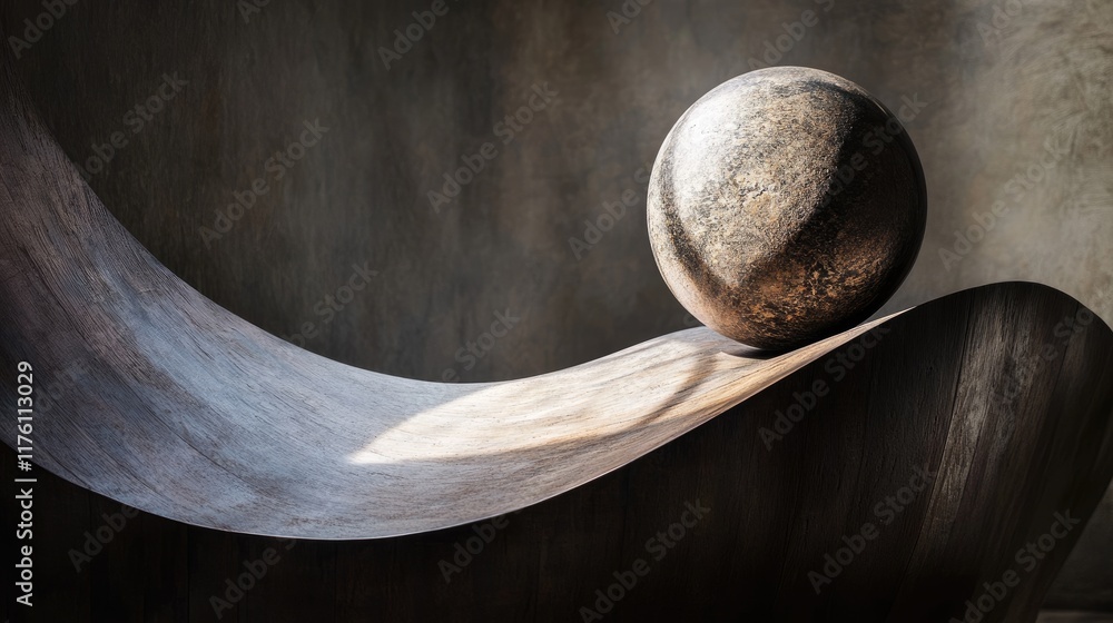 Poster stone sphere on a curved wooden structure, with dramatic lighting and shadows creating a powerful vi