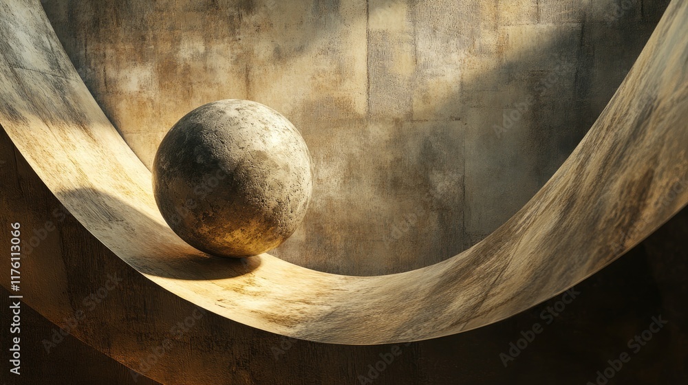 Poster stone sphere on a curved wooden structure, with dramatic lighting and shadows creating a powerful vi
