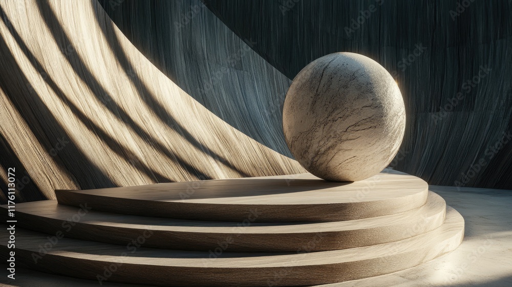 Poster stone sphere on a curved wooden structure, with dramatic lighting and shadows creating a powerful vi