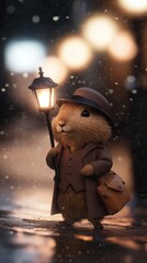 Cute rodent in coat, holding lamp, snowy night city.