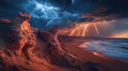 Dramatic coastal landscape featuring rugged rock formations illuminated by the warm glow of sunset, contrasting against a dark, stormy sky filled with ominous clouds and streaks of lightning. The scen