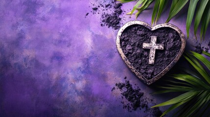 Ash Wednesday. Religious flat lay composition for Ash Wednesday, featuring a purple background, ashes, a wooden cross, and palm leaves with empty space for text.