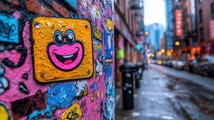Fototapeta premium This vibrant image showcases a cheerful, cartoon-like graffiti design on a textured wall, bringing a sense of joy and artistic expression to an urban environment.