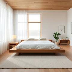 a serene and modern bedroom designed with a minimalist aesthetic. Bed. Tatami Mat. Natural Light. Flooring. Nightstand. Artwork. Greenery.


