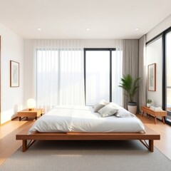 a serene and modern bedroom designed with a minimalist aesthetic. Bed. Tatami Mat. Natural Light. Flooring. Nightstand. Artwork. Greenery.

