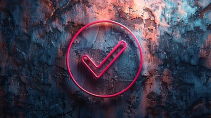 Neon Red Check Mark Sign Against Textured Wall, Concept of Success, Approval, and Validation