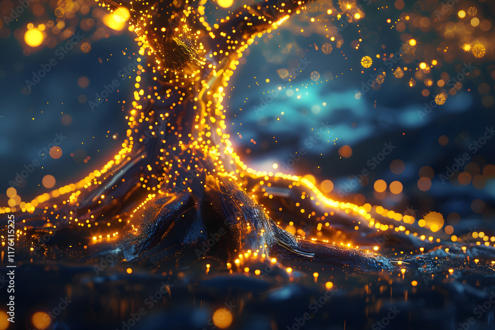 Poster glowing particle tree structure digital artwork