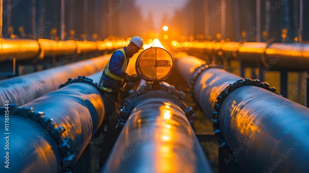 Poster a man is working on a pipe that is connected to a large pipeline. concept of industrial work and the