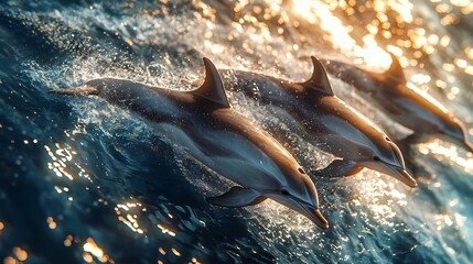 Obraz premium Dolphins leaping in ocean at sunrise