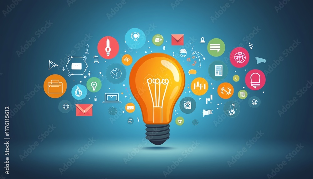Poster a glowing light bulb with creative idea icons around it, symbolizing brainstorming and boosting work