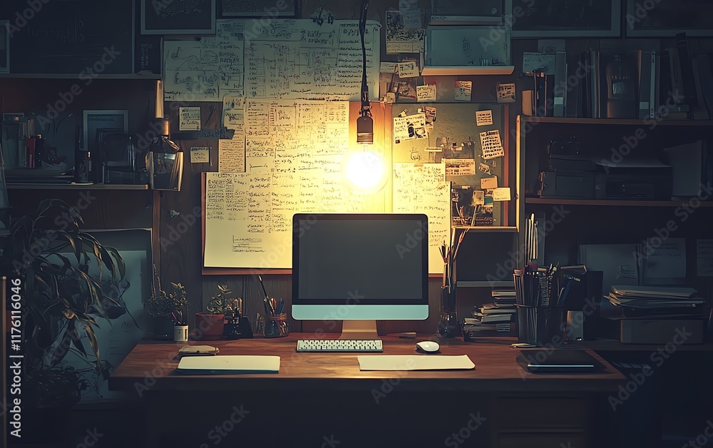 Poster bright light bulb illuminating a desk full of creative tools, symbolizing idea generation and enhanc
