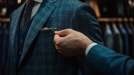 Tailored Suit Adjustment in a Luxury Clothing Store with Elegant Background, Focusing on Stylish Fabric and Sophisticated Pocket Square