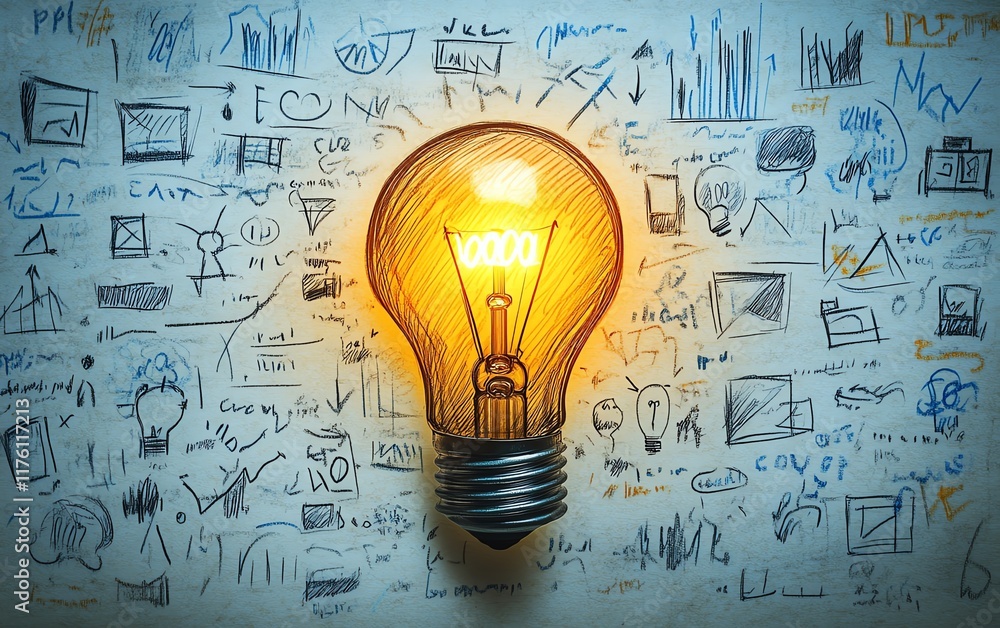 Poster light bulb glowing brightly amidst creative brainstorming elements, symbolizing fresh ideas and high