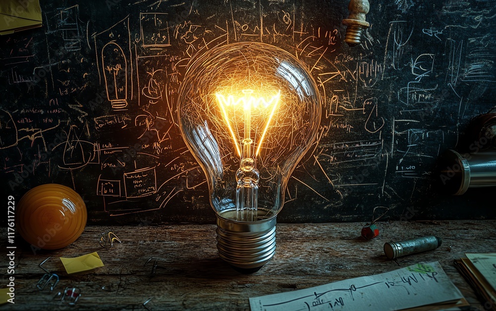 Poster light bulb glowing brightly amidst creative brainstorming elements, symbolizing fresh ideas and high