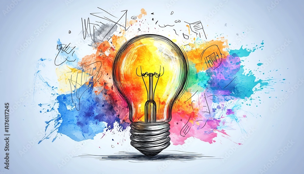 Poster light bulb shining brightly with scattered creative idea sketches, representing innovation and optim