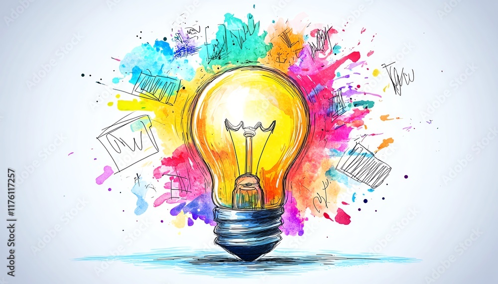 Poster light bulb shining brightly with scattered creative idea sketches, representing innovation and optim