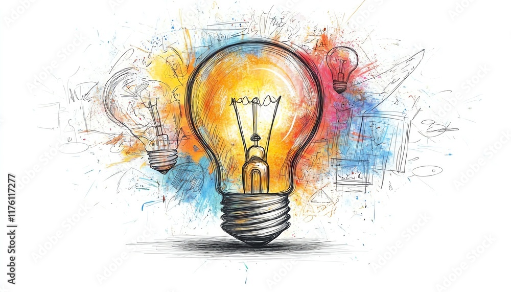 Poster light bulb shining brightly with scattered creative idea sketches, representing innovation and optim
